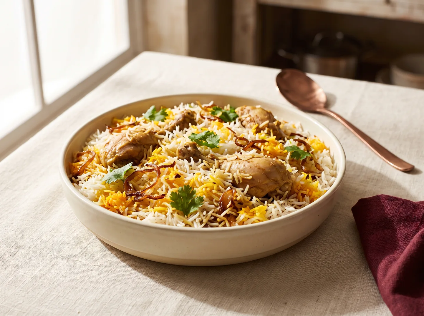 Concept photograph of chicken biryani with long-grain rice, fresh herbs and browned onions