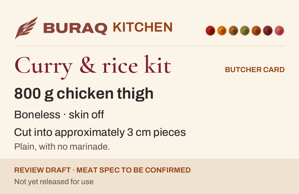 Preview of the Curry & Rice Kit draft butcher card with meat cut, weight and preparation