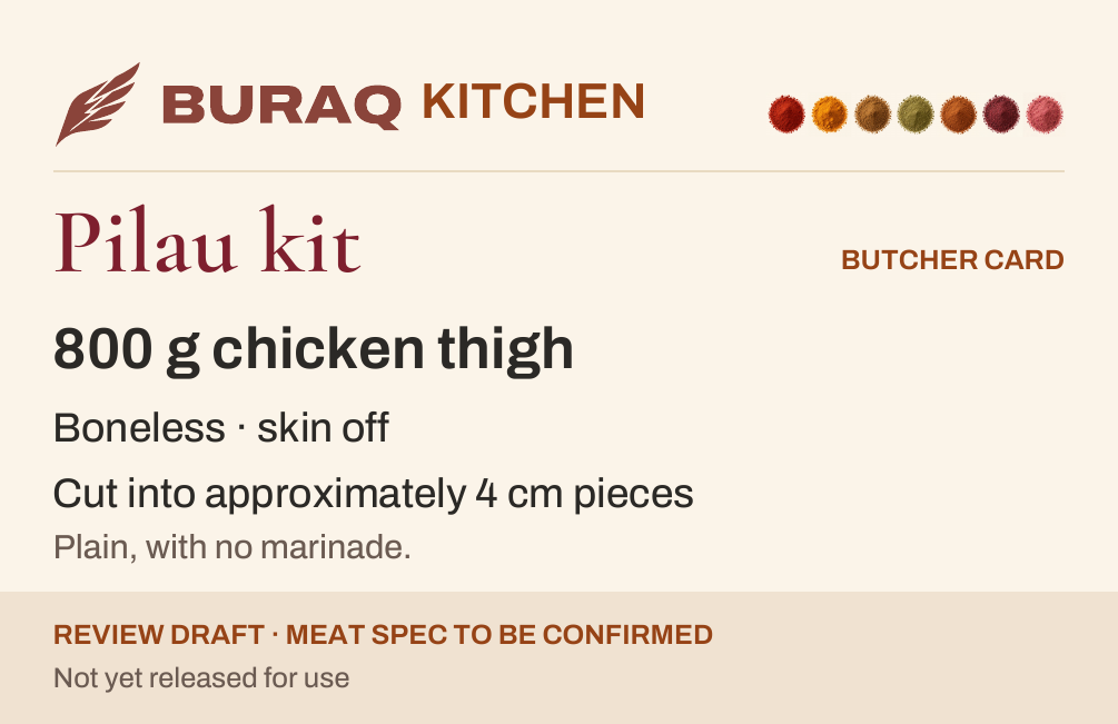 Preview of the Pilau Kit draft butcher card with meat cut, weight and preparation